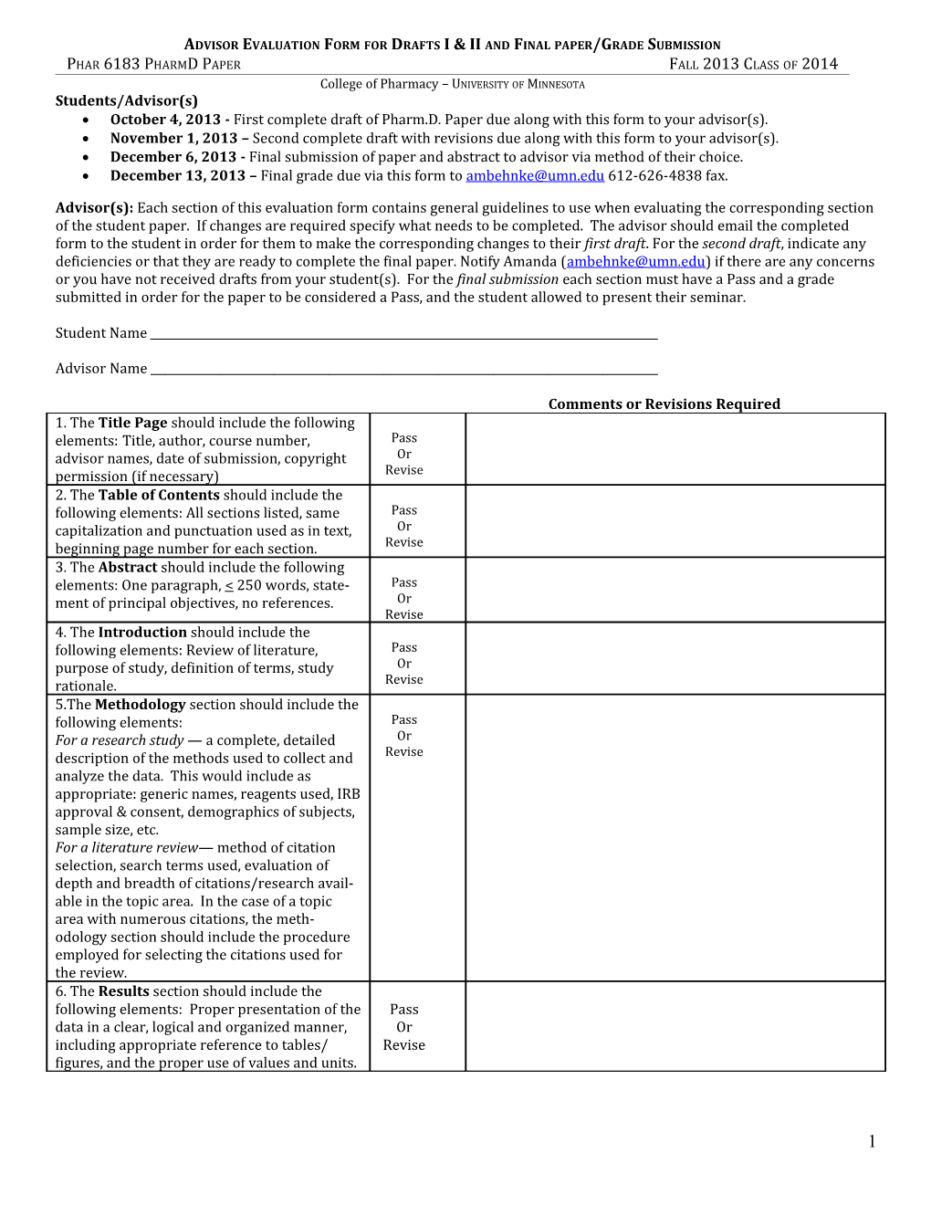 Advisorevaluation Form for Drafts I & II and Final Paper/Grade Submission