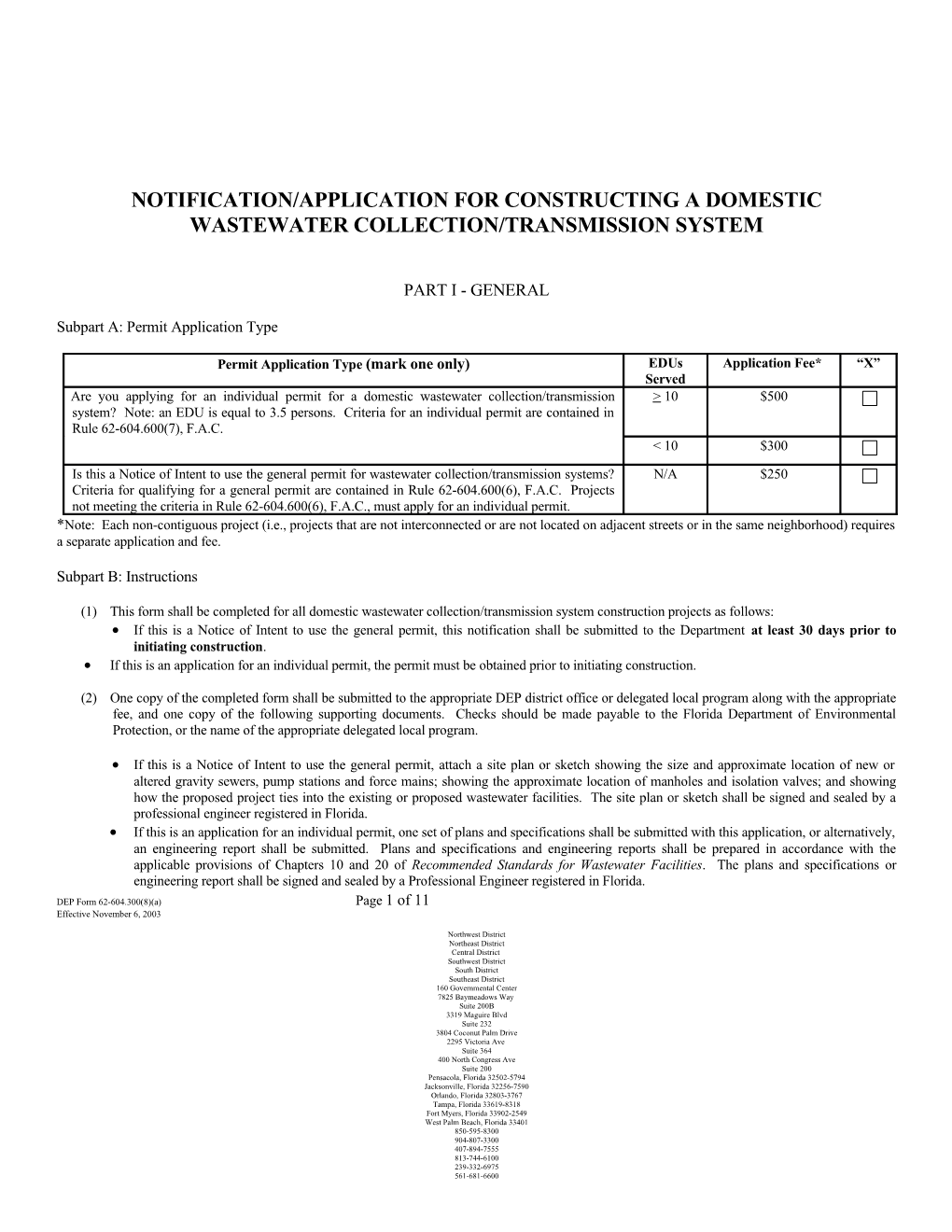 Application to Construct Domestic Wastewater Collection/Transmission Systems