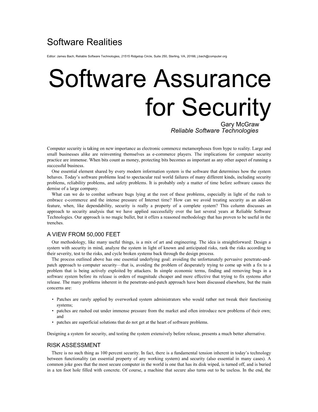 Software Assurance for Security