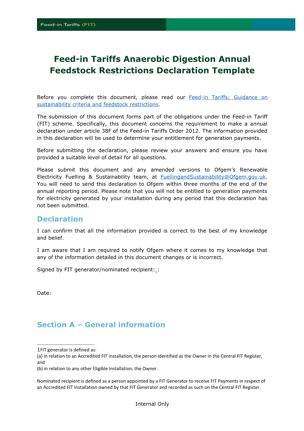 Feed-In Tariffs Anaerobic Digestion Annual Feedstock Restrictions Declaration Template