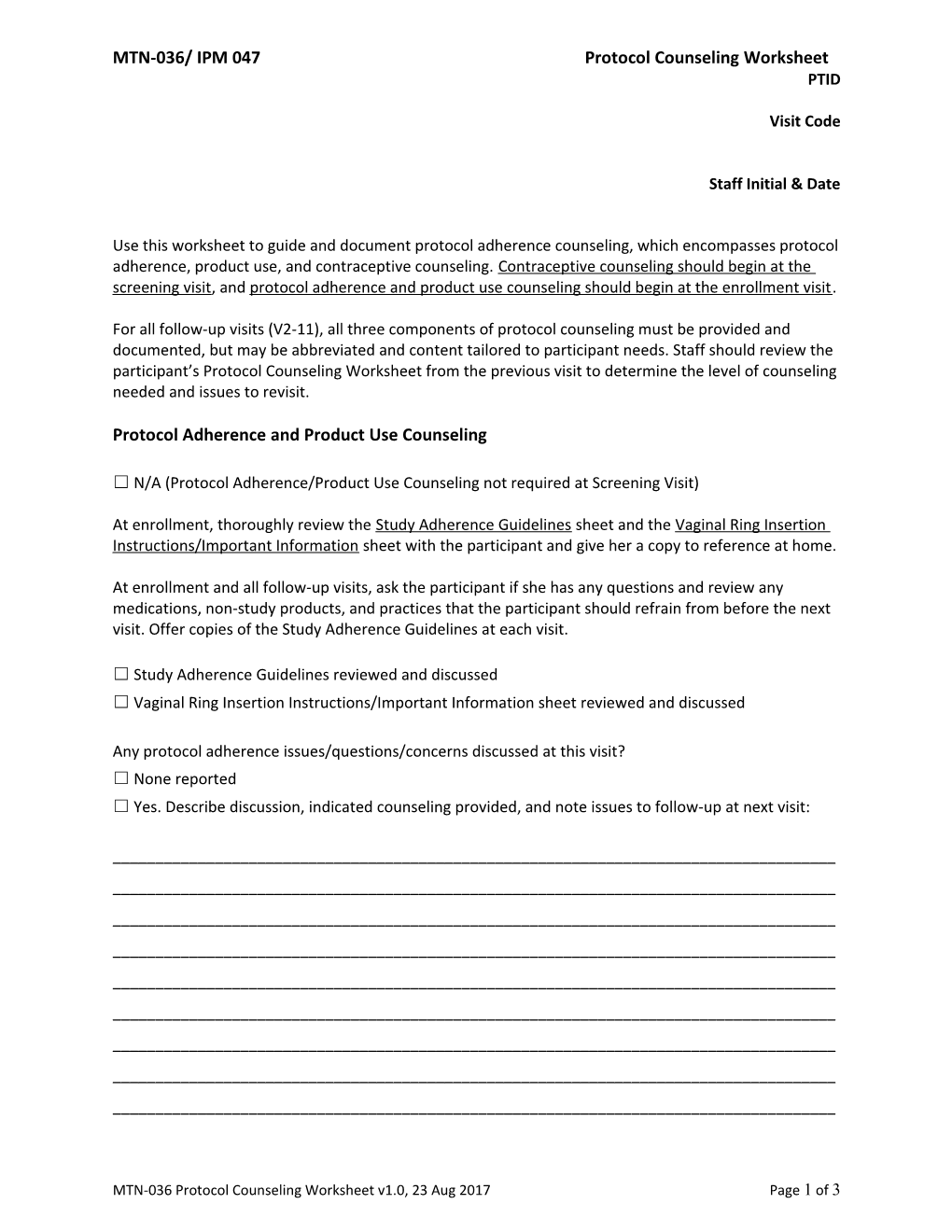 MTN-036/ IPM 047 Protocol Counseling Worksheet