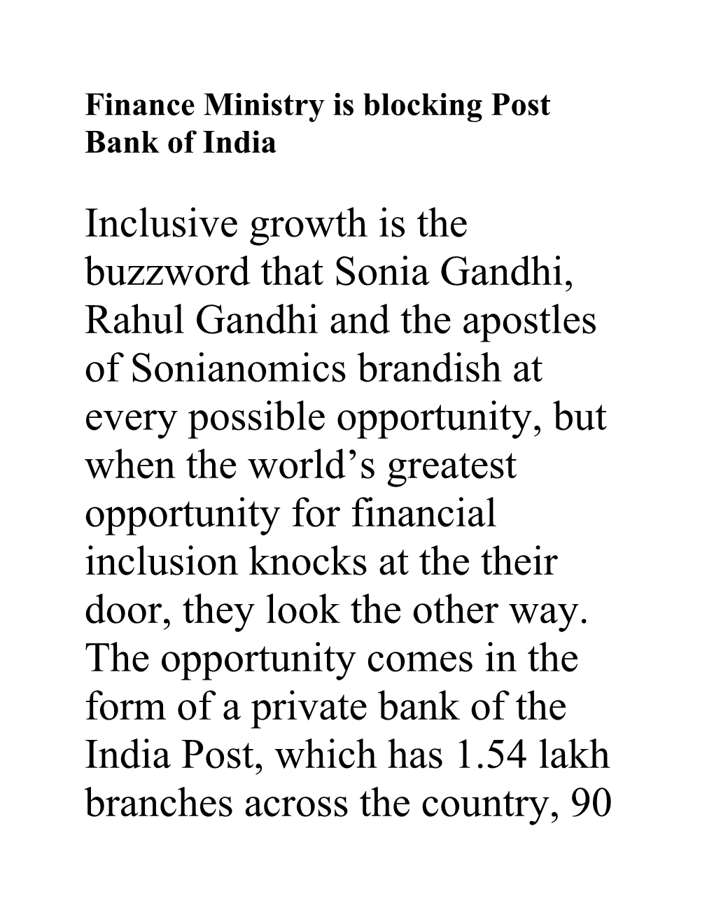 Finance Ministry Is Blocking Post Bank of India Inclusive Growth Is the Buzzword That