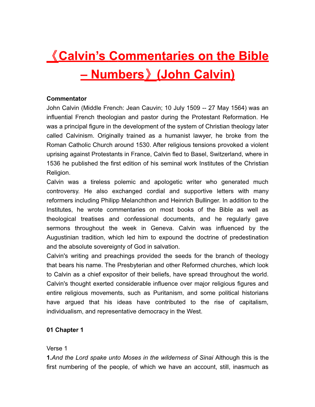 Calvin Scommentaries on the Bible Numbers (John Calvin)