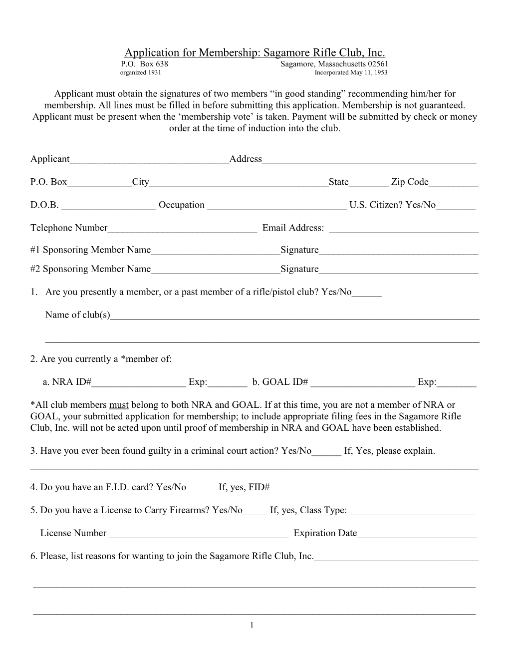 Application for Membership: Sagamore Rifle Club, Inc