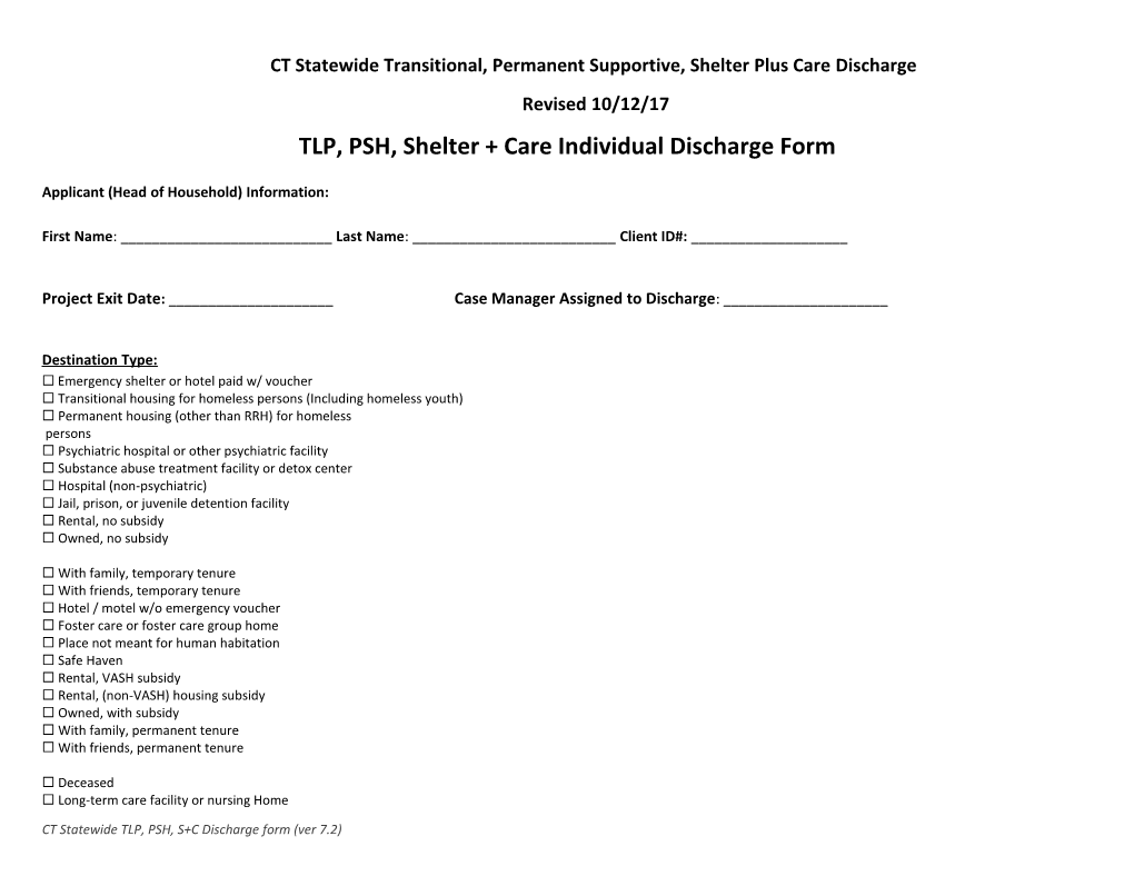 CT Statewide TLP, PSH, S+C Discharge Form (Ver 7.2)