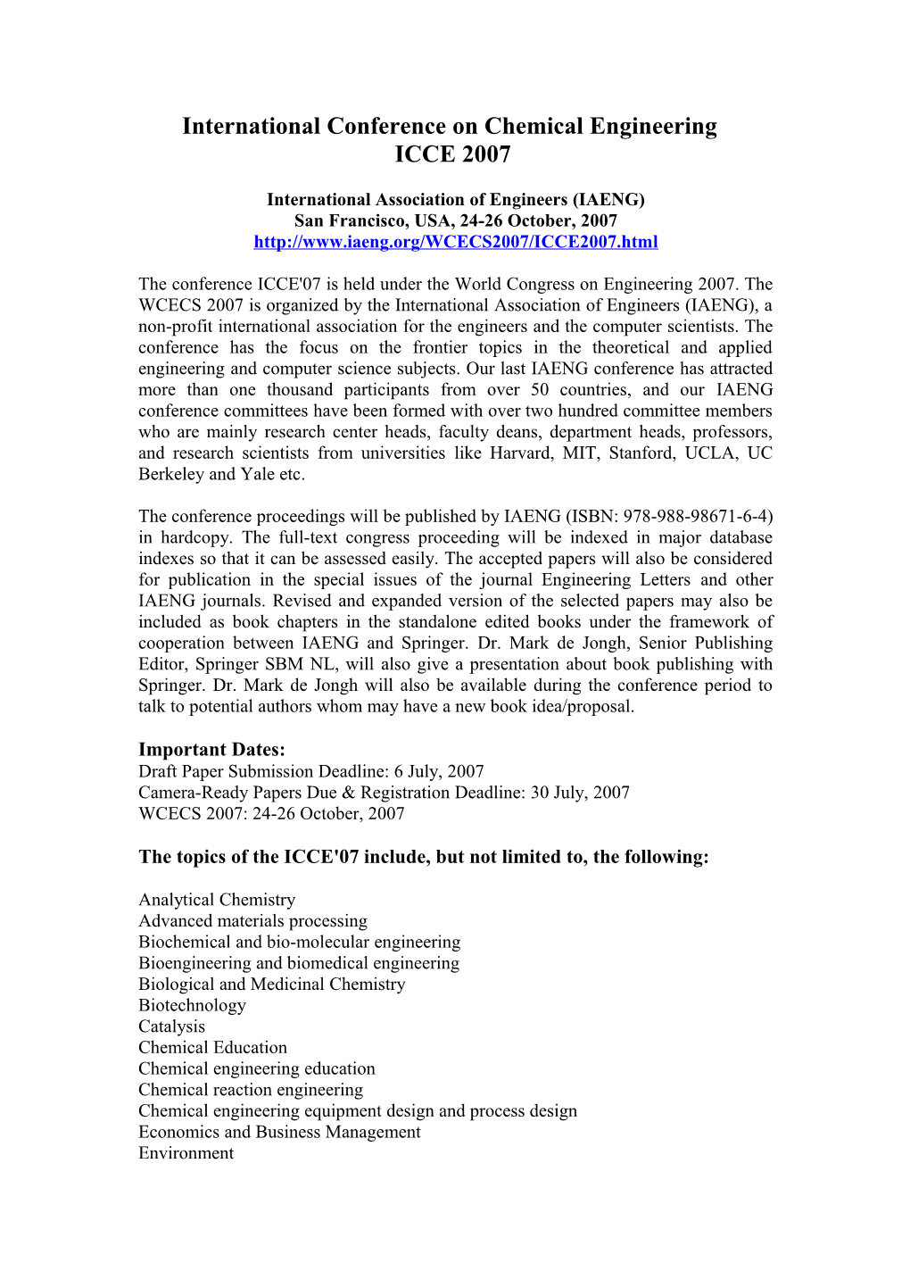 Call for Papers: World Congress on Engineering and Computer Science WCECS 2007