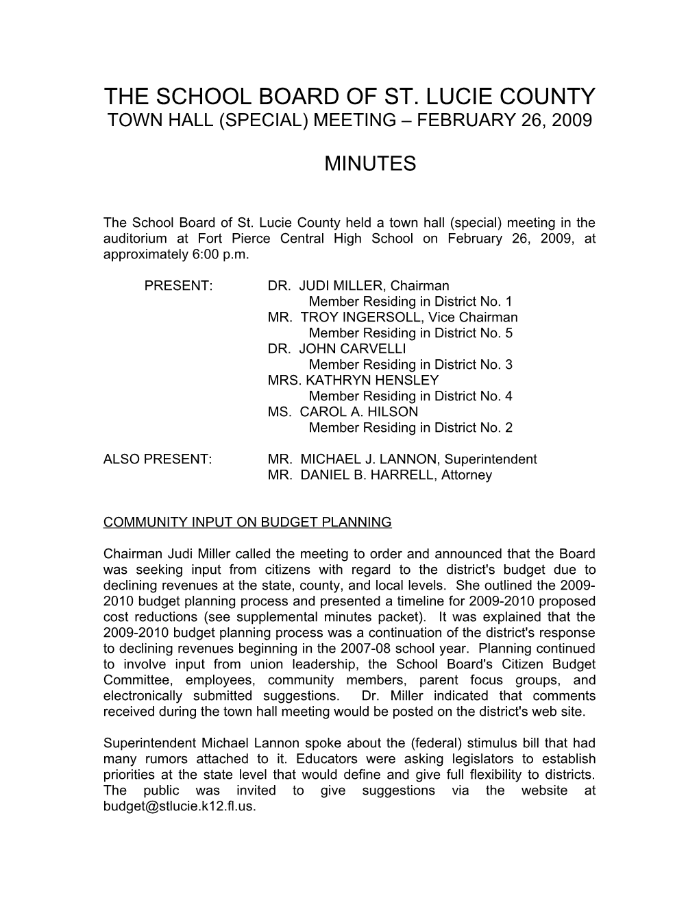 02-26-09 SLCSB Special (Town Hall) Meeting Minutes