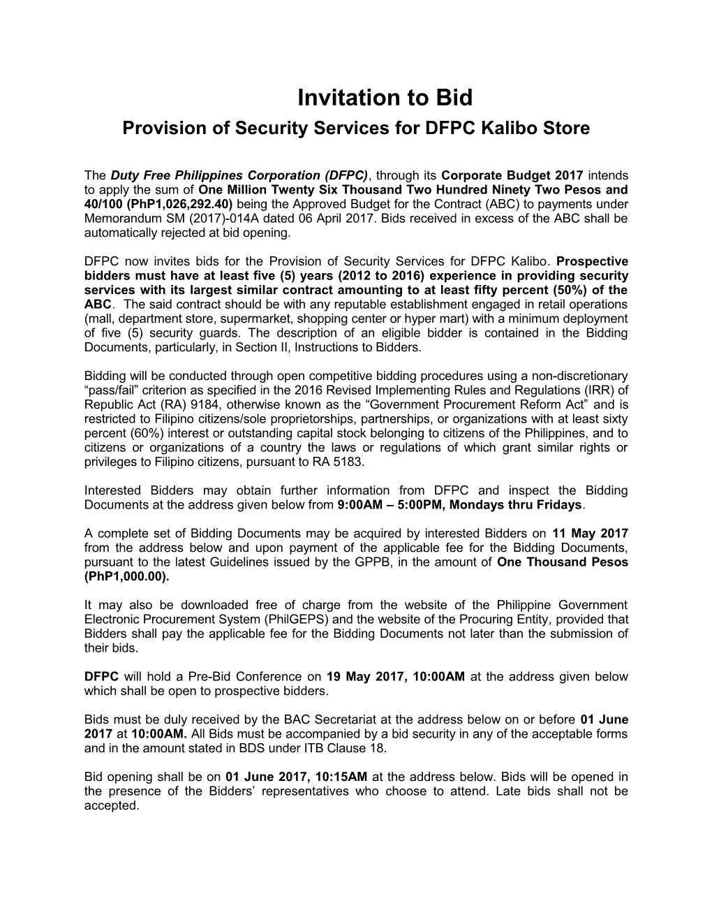 Provision of Security Services for DFPC Kalibo Store