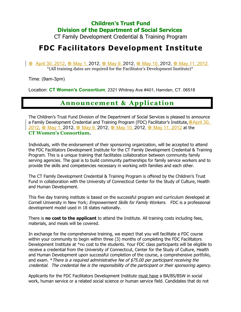CT Family Development Credential and Training Program