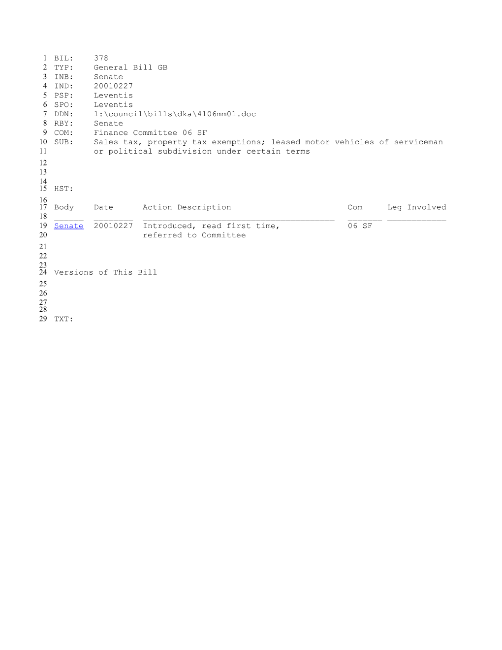 2001-2002 Bill 378: Sales Tax, Property Tax Exemptions; Leased Motor Vehicles of Serviceman