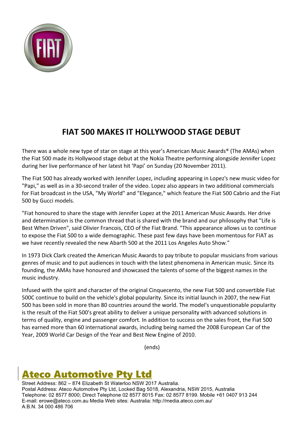 Fiat 500 Makes It Hollywood Stage Debut