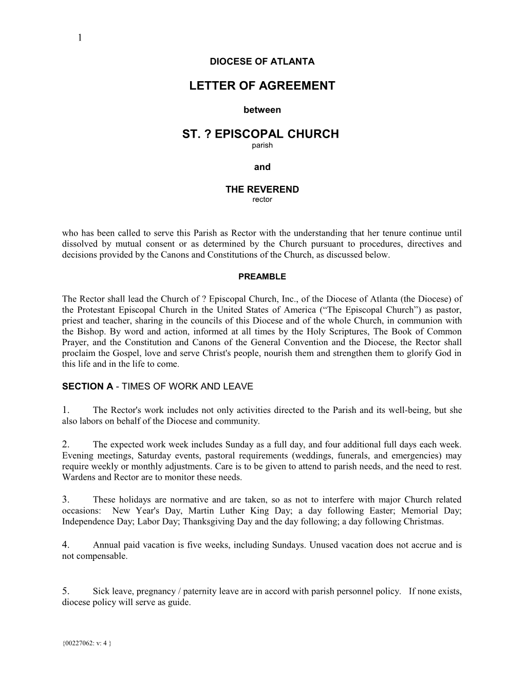 Letter of Agreement - Diocese of Atlanta Template