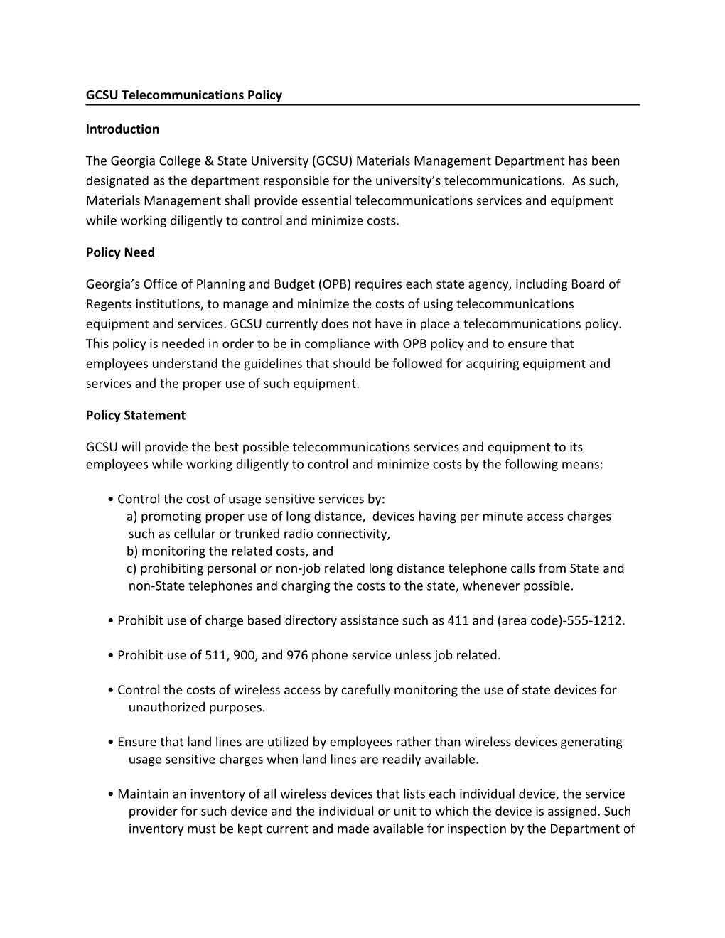 GCSU Telecommunications Policy