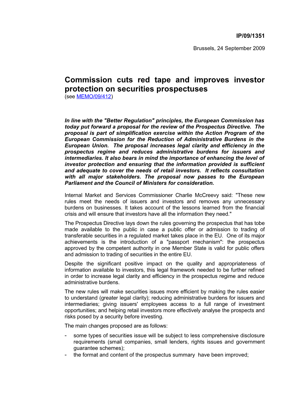 Commission Cuts Red Tape and Improves Investor Protectionon Securities Prospectuses