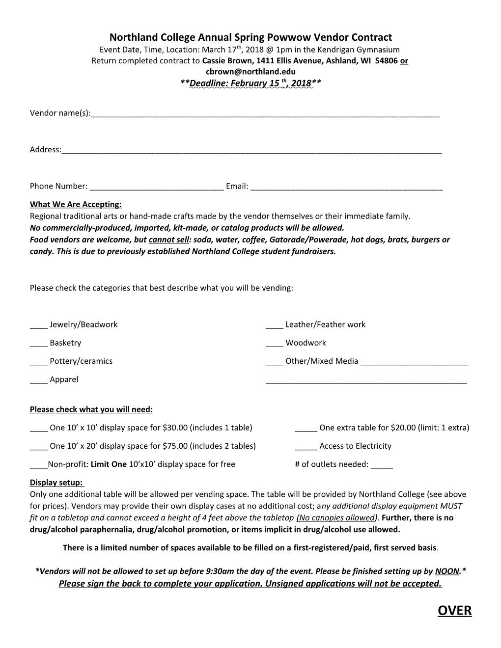 Northland College Annual Spring Powwow Vendor Contract