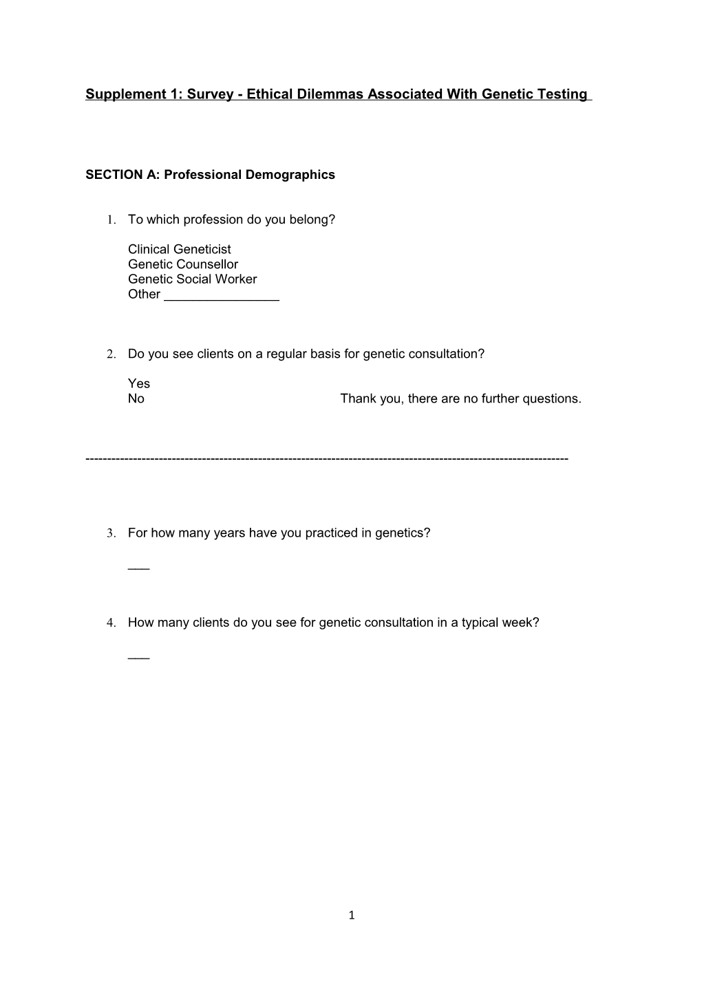 Supplement 1: Survey - Ethical Dilemmas in Clinical Genetics