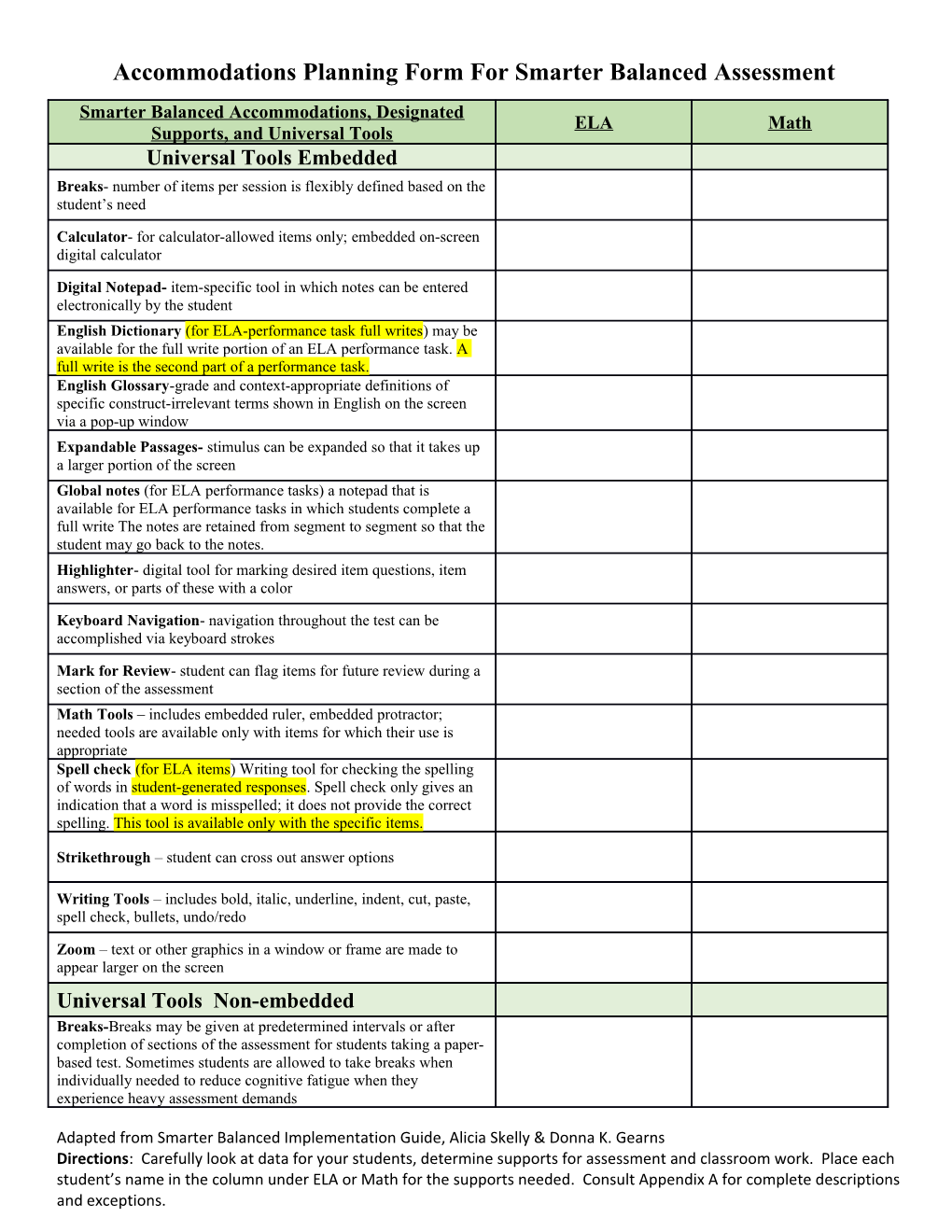 Accommodations Planning Form for Smarter Balanced Assessment