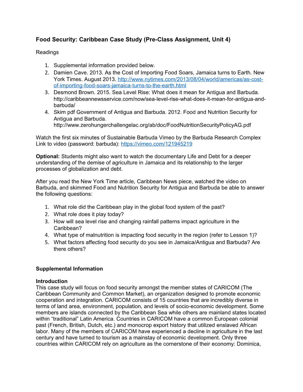 Food Security: Caribbean Case Study (Pre-Class Assignment, Unit 4)