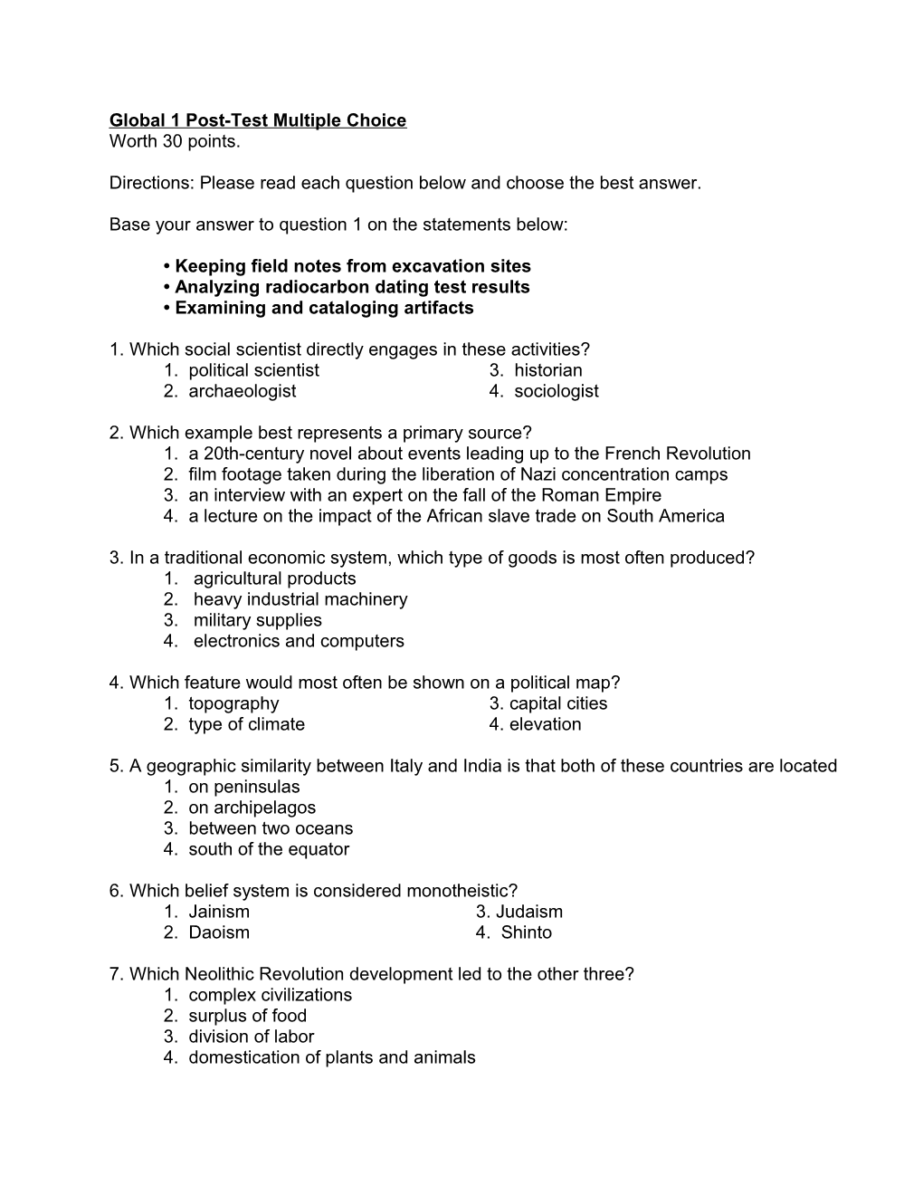 Global 1 Post-Test Multiple Choice