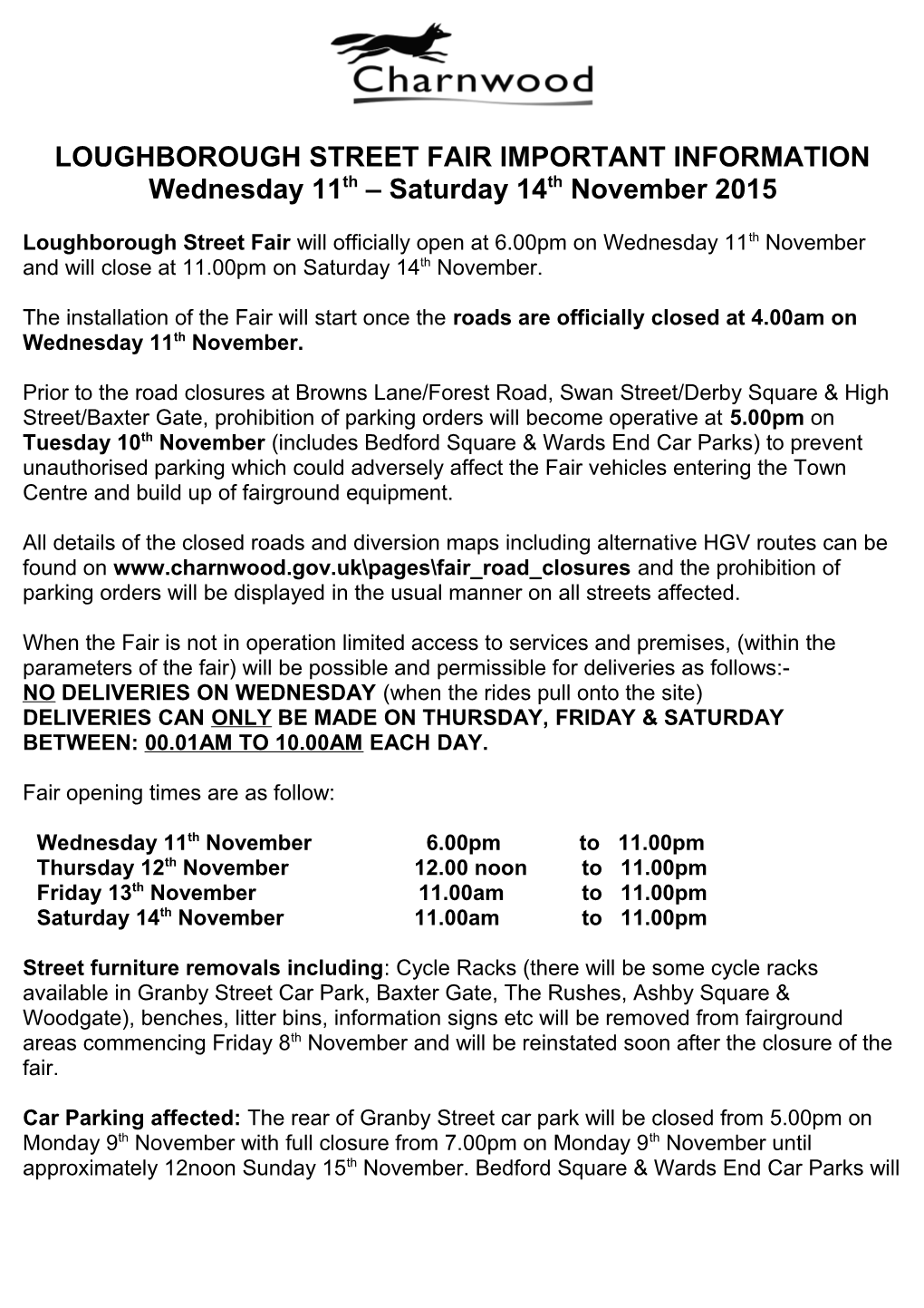 Loughborough Street Fair Important Information