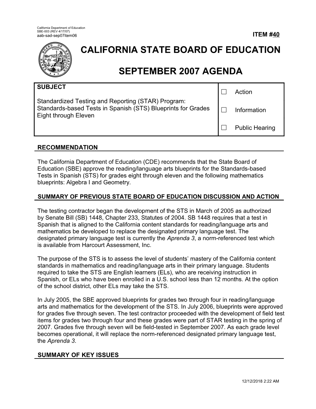 September 2007 Agenda Item 40 - Meeting Agendas (CA State Board of Education)