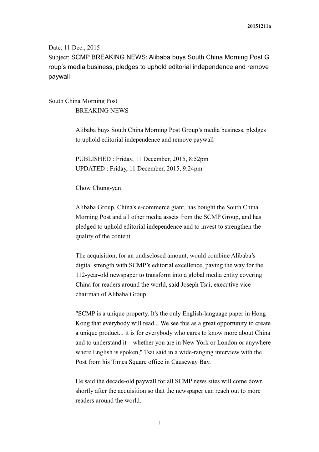 Subject:SCMP BREAKING NEWS: Alibaba Buys South China Morning Post Group S Media Business