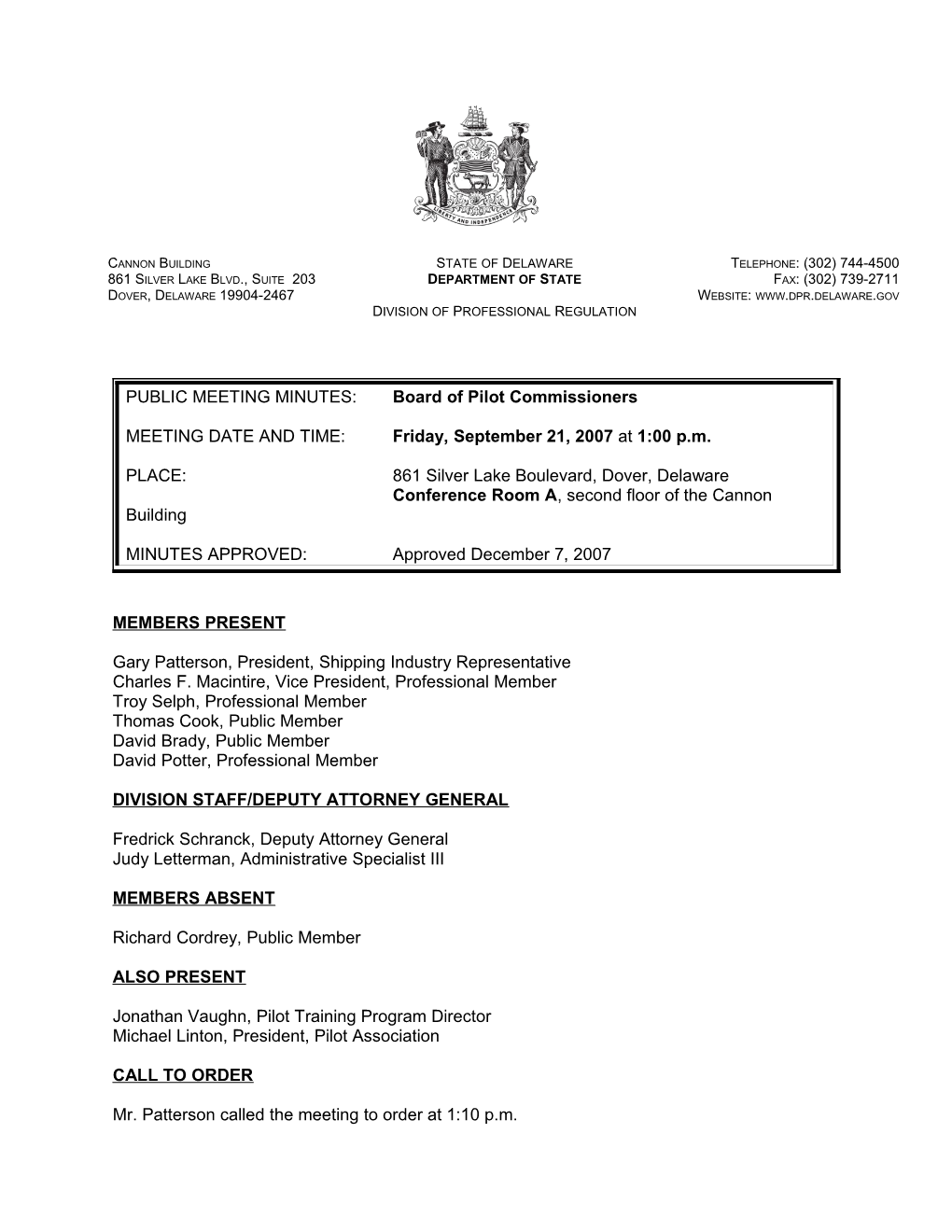 PUBLIC MEETING MINUTES: Board of Pilot Commissioners