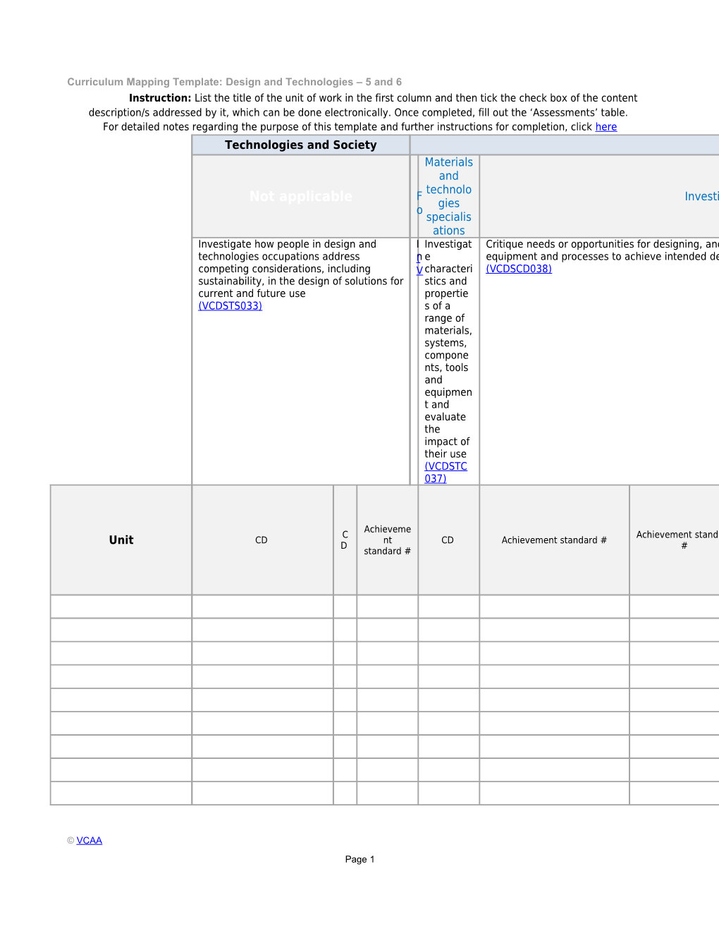Curriculum Mapping Template: Design and Technologies 5 and 6