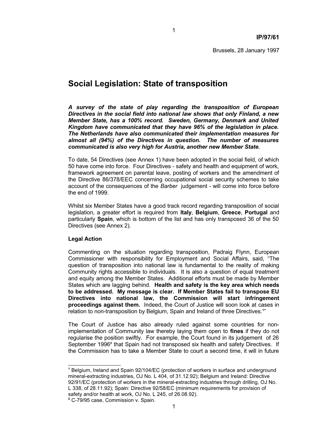 Social Legislation: State of Transposition