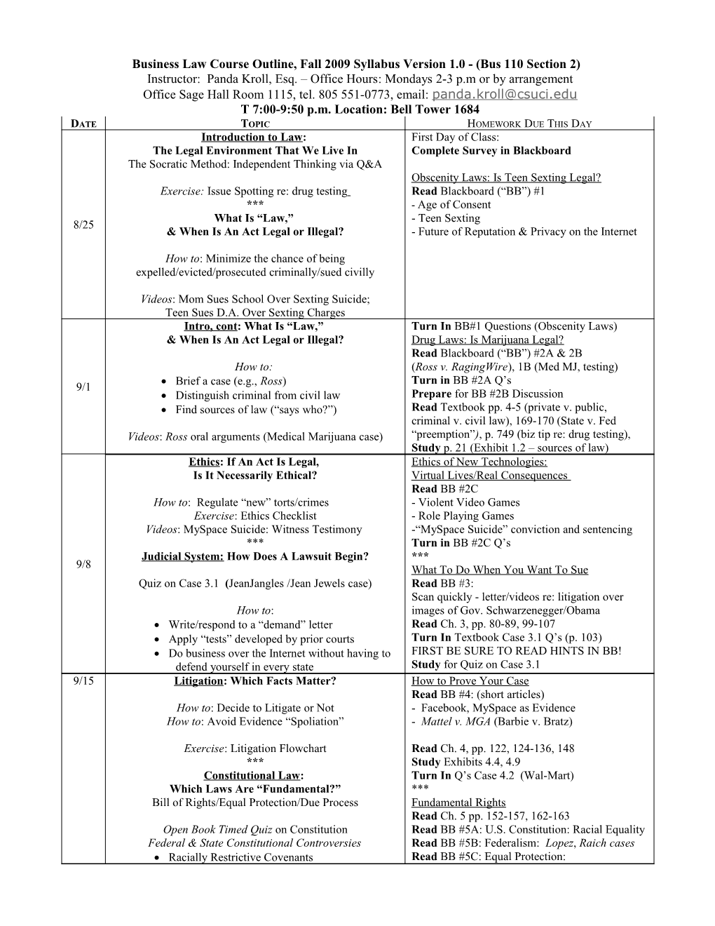 Business Law Course Outline, Spring 2009 Syllabus Version 1