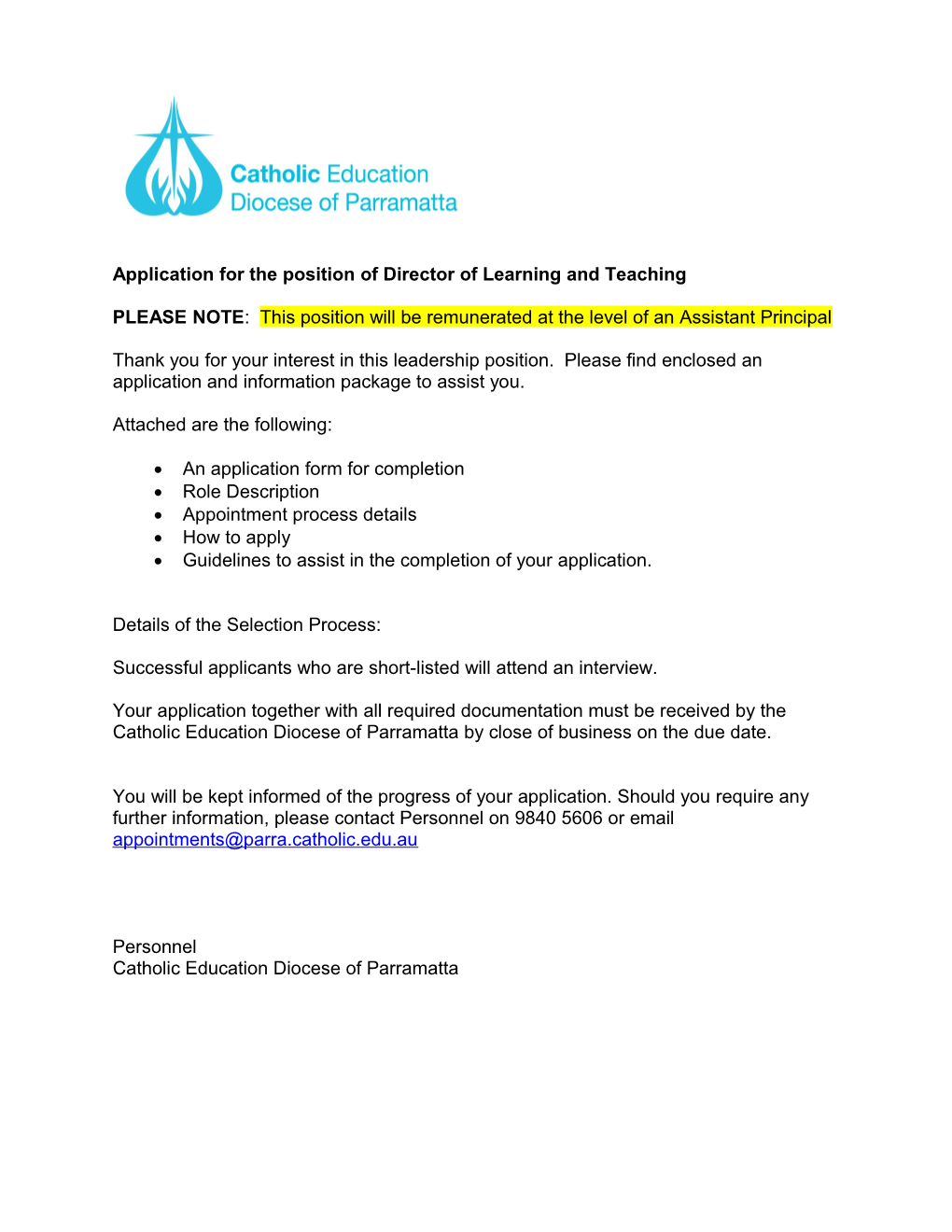 Application for the Position of Director of Learning and Teaching