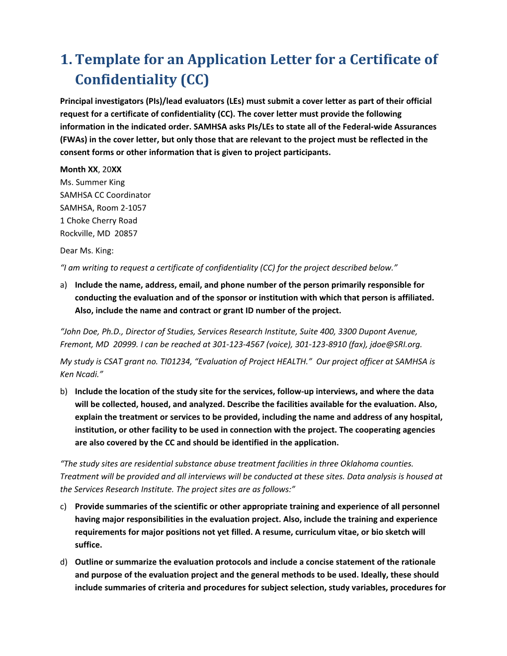 Template for an Application Letter for a Certificate of Confidentiality (CC)