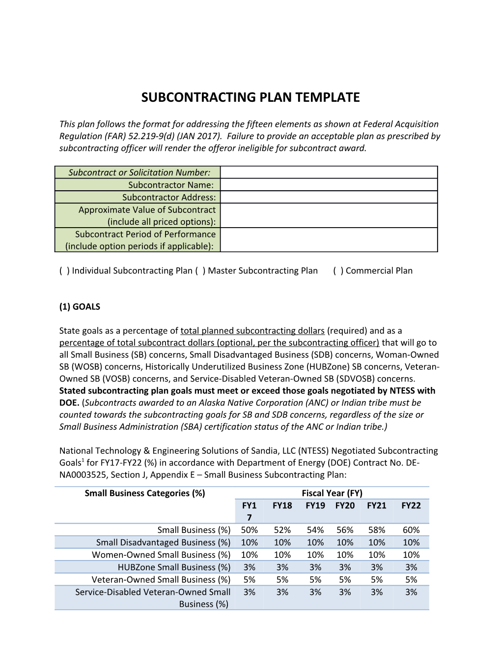 ASI Template: Subcontracting Plan