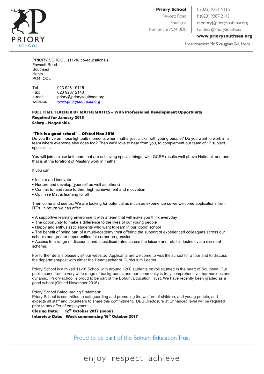 FULL TIME TEACHER of MATHEMATICS with Professional Development Opportunity