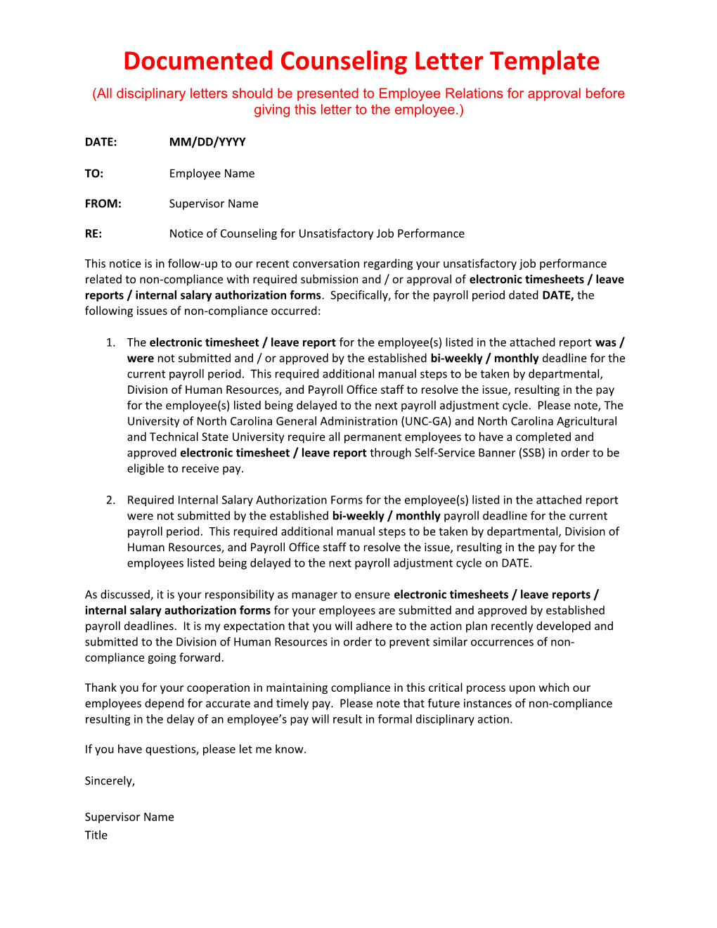 Documented Counseling Letter Template