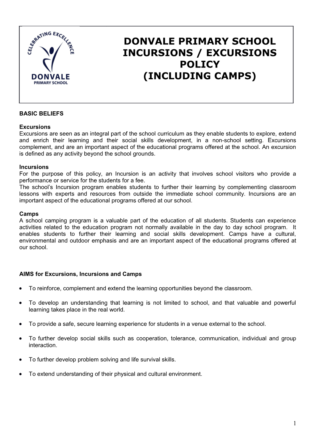 AIMS for Excursions, Incursions and Camps
