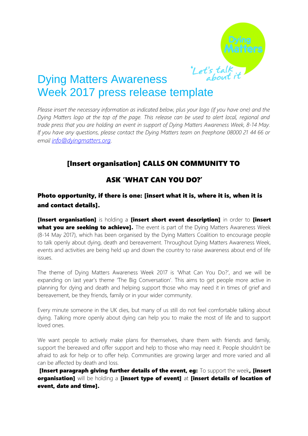 Dying Matters Awareness Week 2017 Press Release Template