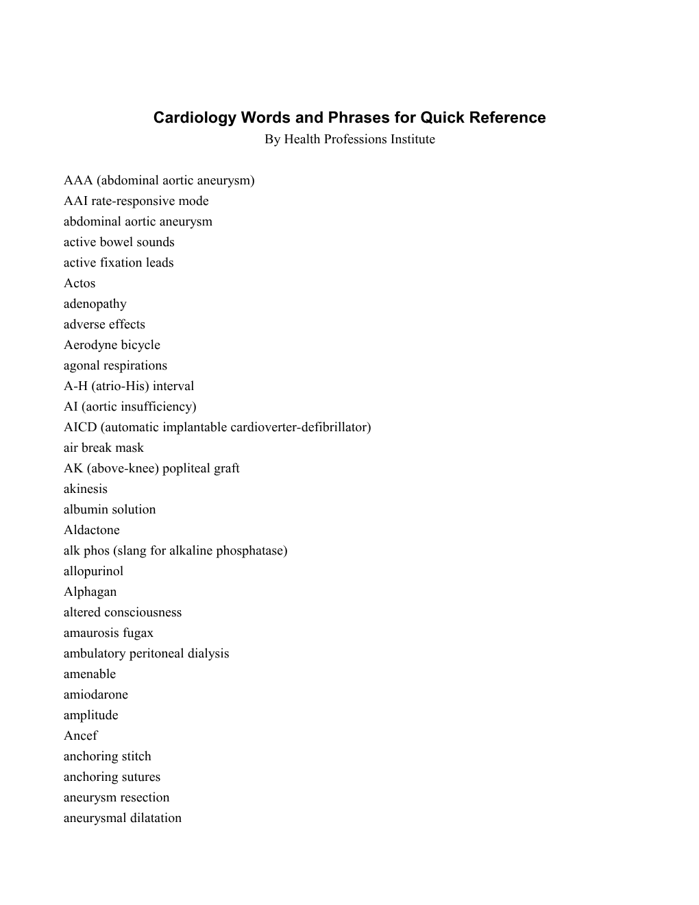 Cardiology Words and Phrases for Quick Reference