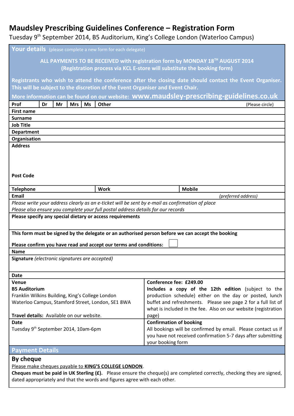 Maudsley Prescribing Guidelines Conference Registration Form