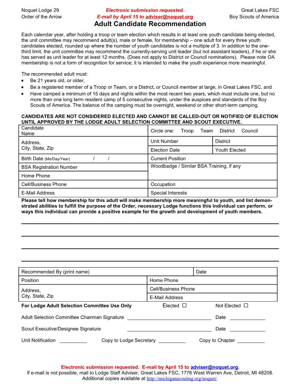 Noquet Lodge 29 Electronic Submission Requested. Great Lakes FSC