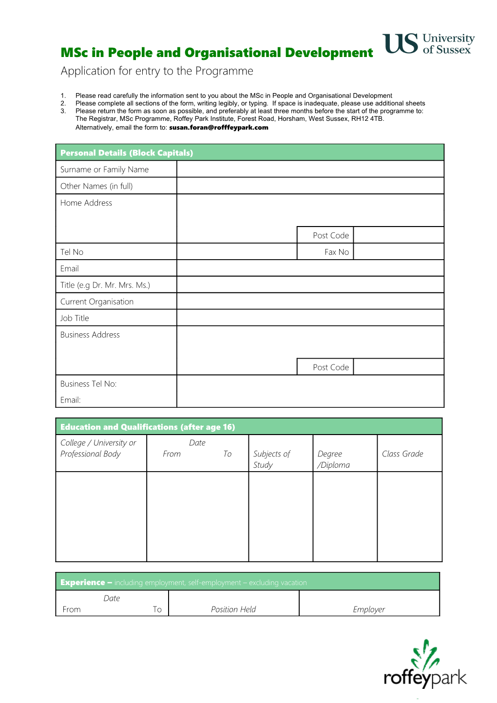 Application for Entry to the Programme