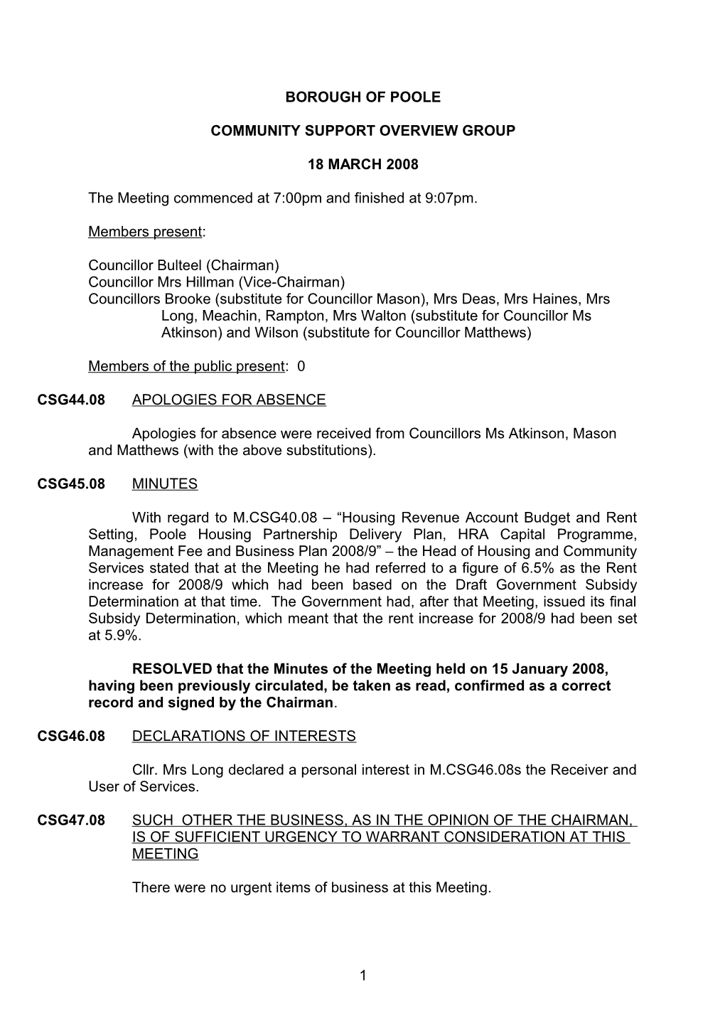 Minutes - Community Support Overview Group - 18 March 2008