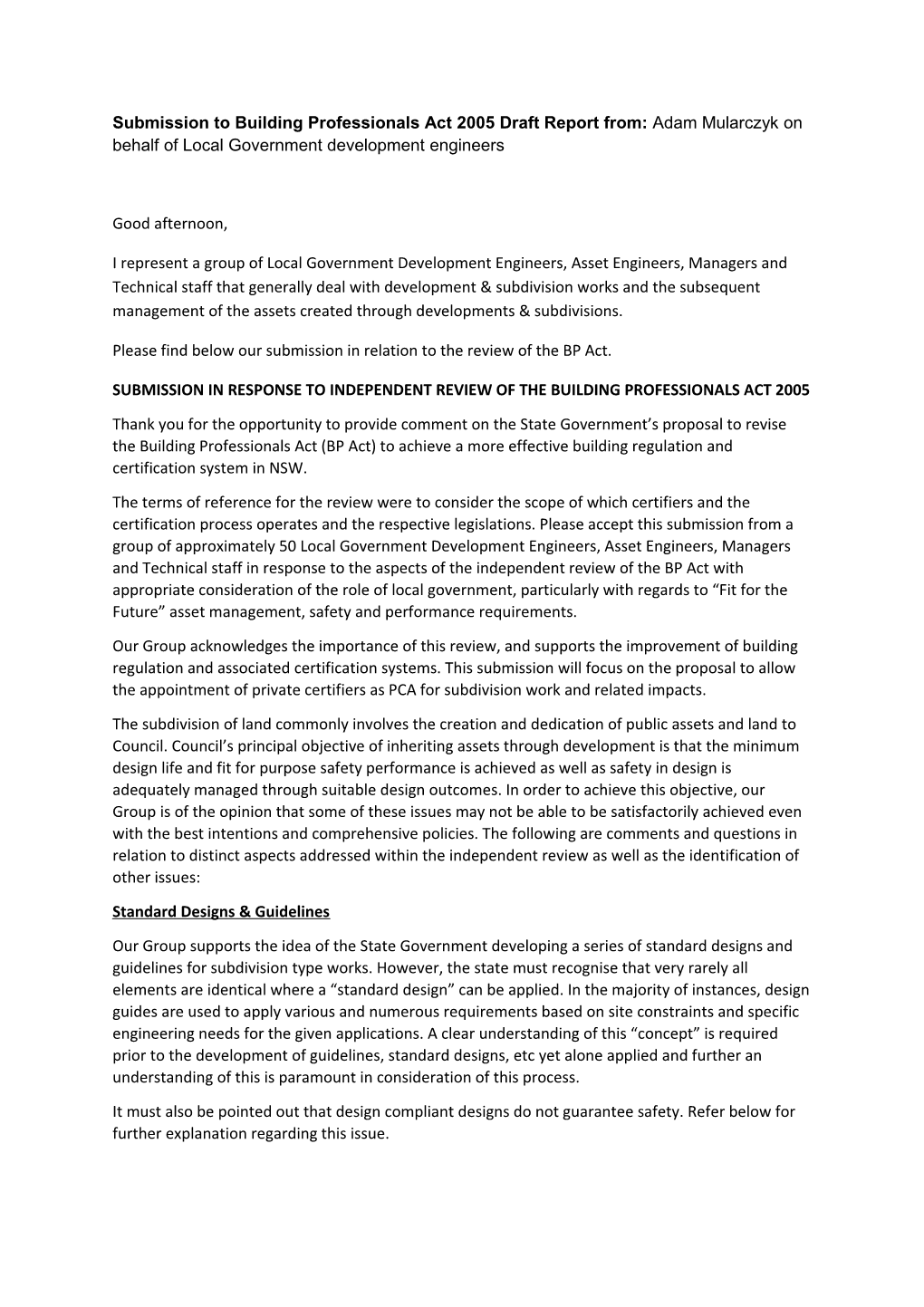 Submission in Response to Independent Review of the Building Professionals Act 2005