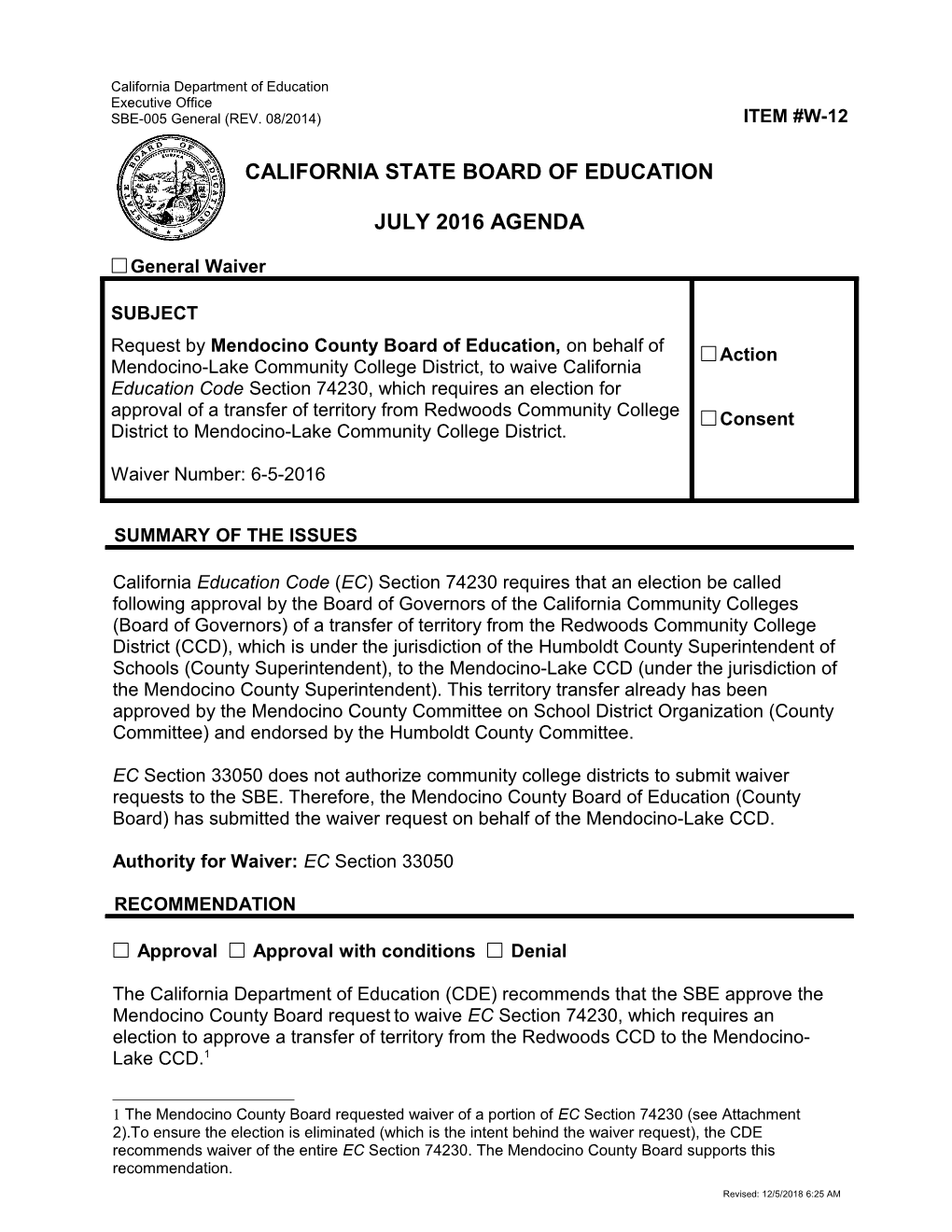 July 2016 Waiver Item W-12 - Meeting Agendas (CA State Board of Education)