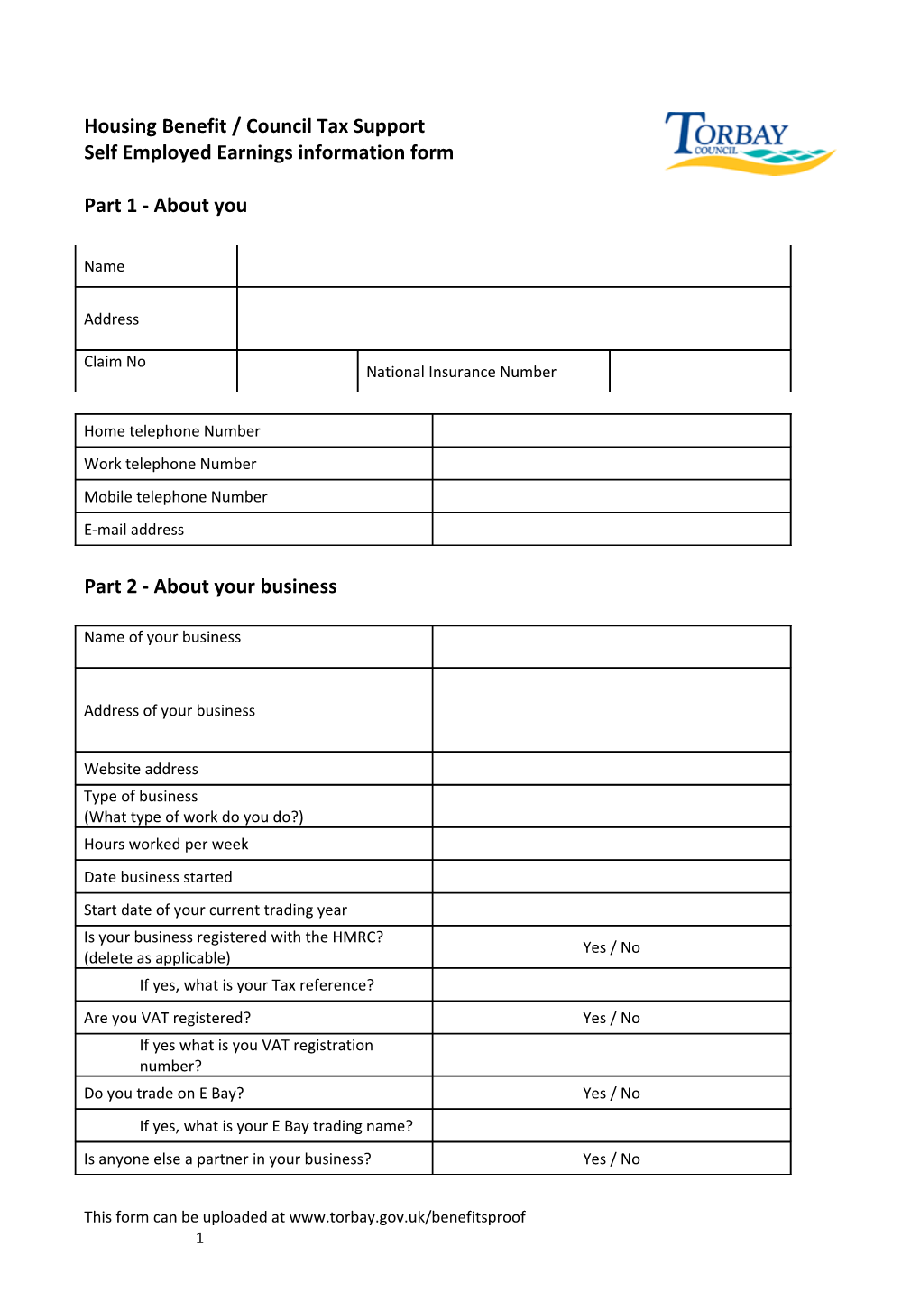 Self Employed Earnings Information Form