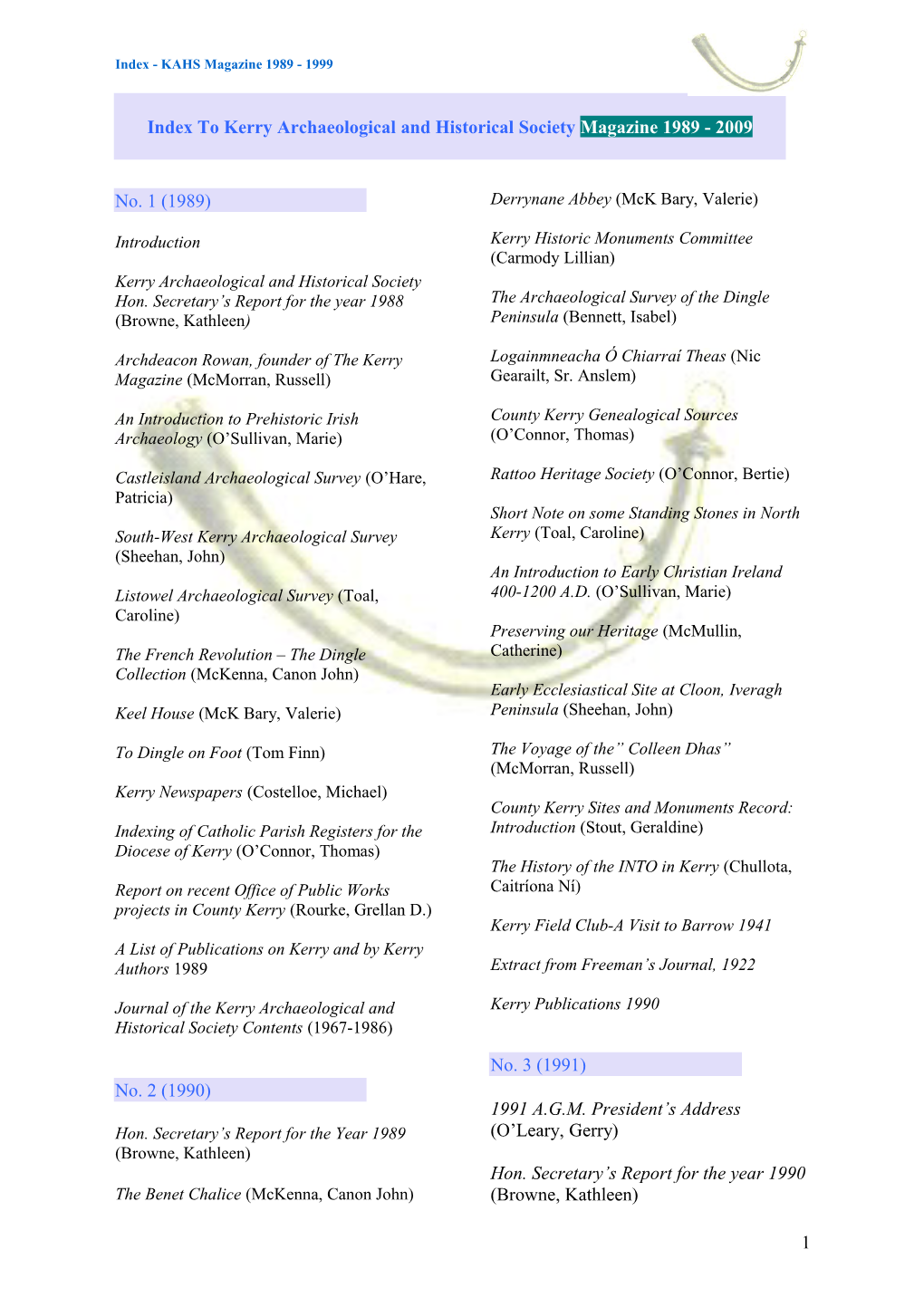 Index to Kerry Archaeological and Historical Society Journals