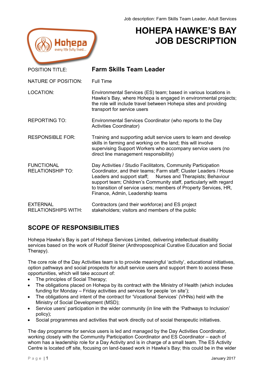 Job Description: Farm Skills Team Leader, Adult Services