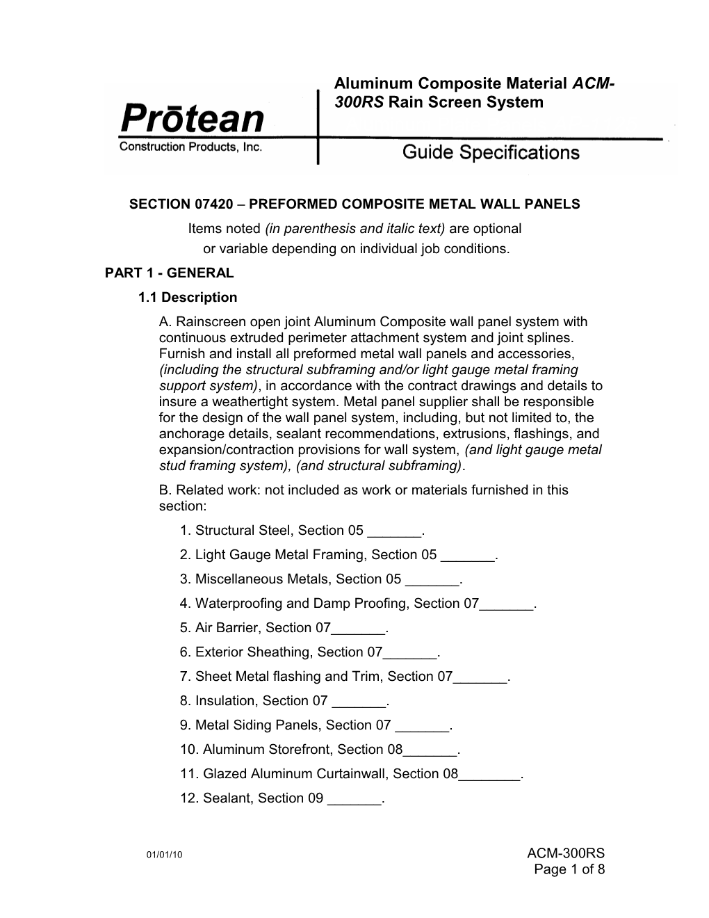 Section 07420 Preformed Composite Metal Wall Panels