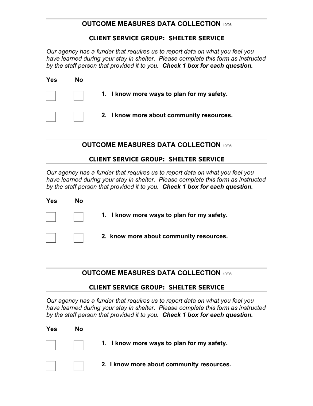 Monthly Turn Away Data Collection Form