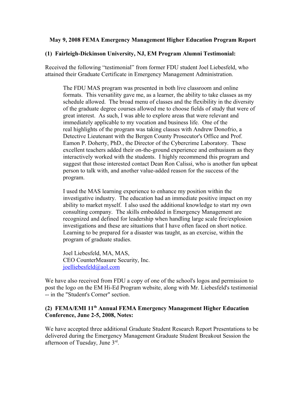May 9, 2008 FEMA Emergency Management Higher Education Program Report